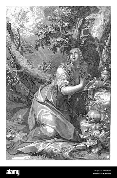 Mary Magdalene Kneels By A Tree She Is Holding An Open Book In Front