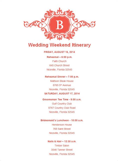 sample wedding weekend itinerary templates