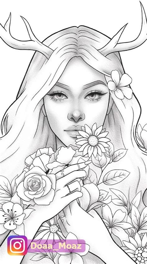 Printable Coloring Page Fantasy Floral Girl Portrait Etsy Art