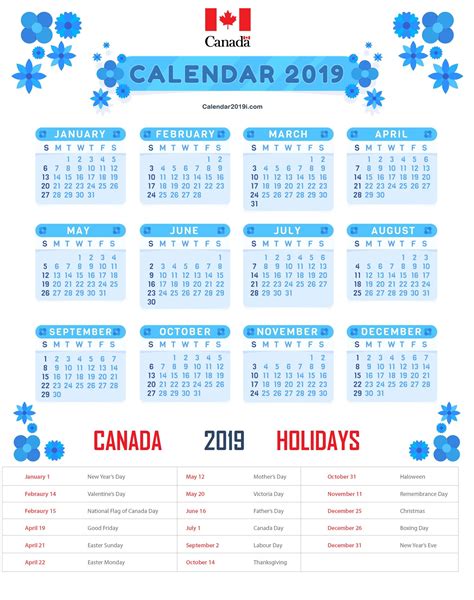 2019 Calendar Printable Canada