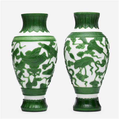 317 Chinese White Peking Glass Vases With Green Overlay Pair