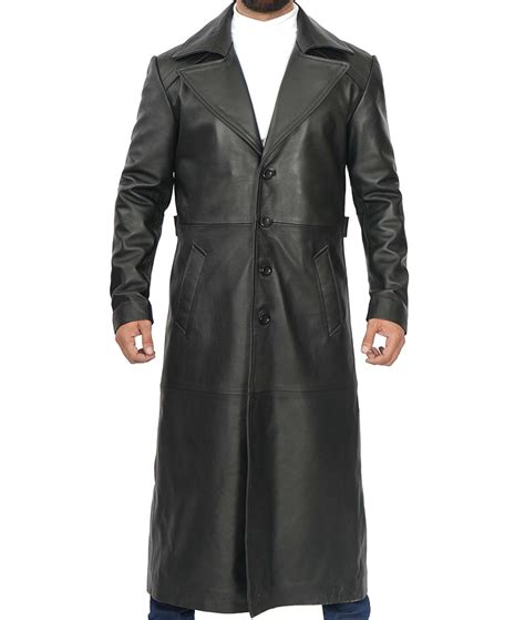 men s real leather black trench coat full length duster coat