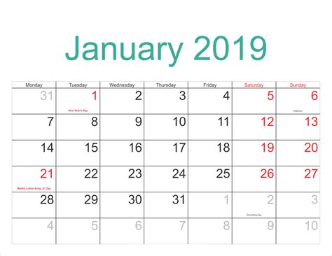January Calendar 2019 Editable Template January 2019 Calendar