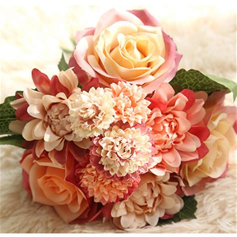 Dahlia Artificial Flowers Silk Flower Wedding Bouquet Rose Bridal