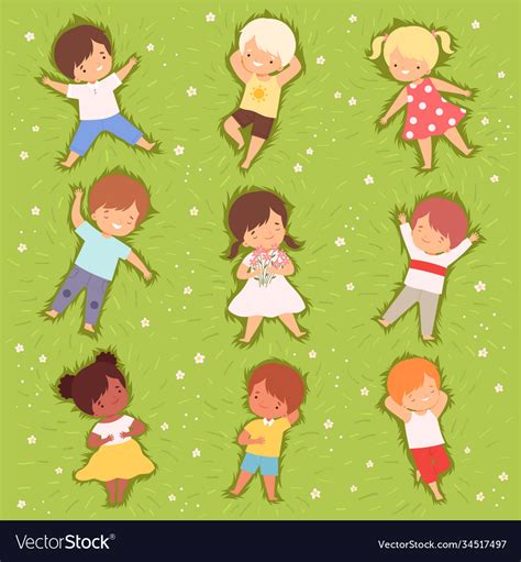 Happy Kids Lying Down On Green Lawn Set Cute Vector Image