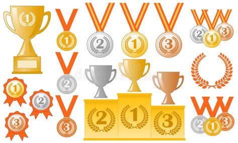 Awards Medals Podium Trophies Prizes Set Of Colour Vector
