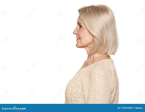 Close Up Portrait Of Beautiful Older Woman Smiling Isolated Stock