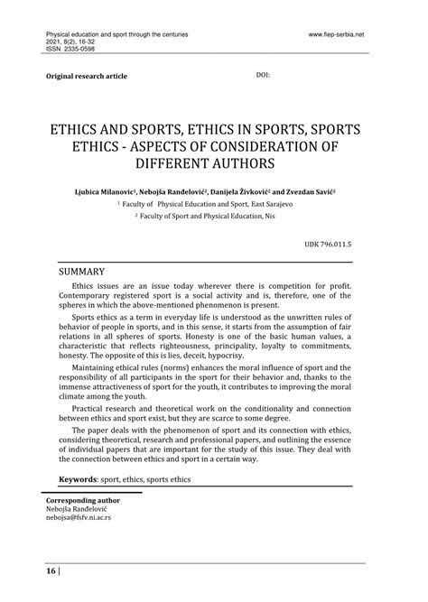 Pdf Ethics And Sports Ethics In Sports Sports Ethics Aspects Of Consideration Of