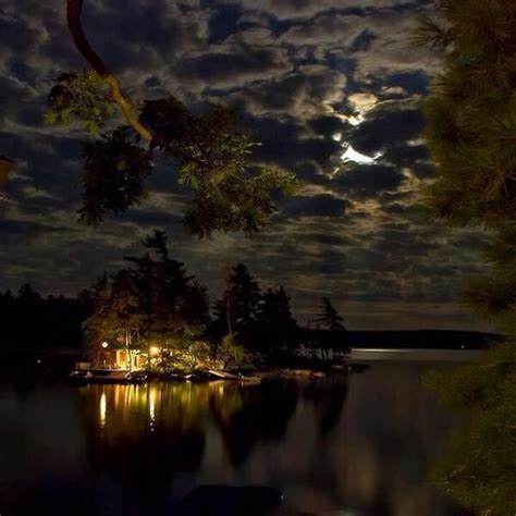 Night Rain Moon Cottage Lake Outdoor Nature