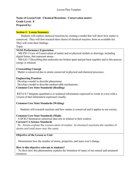 Lesson Plan Sample For Elementary Science Pdf Template