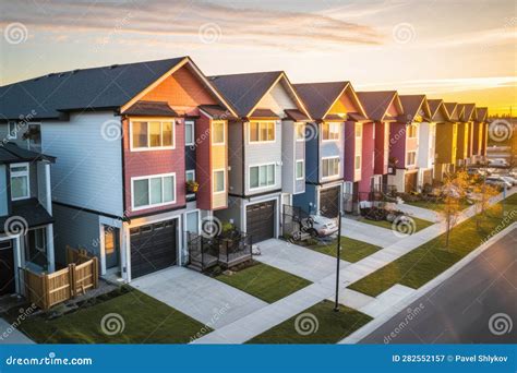 A Row of Residential Townhomes or Townhouses in Suburb, Concept of Real