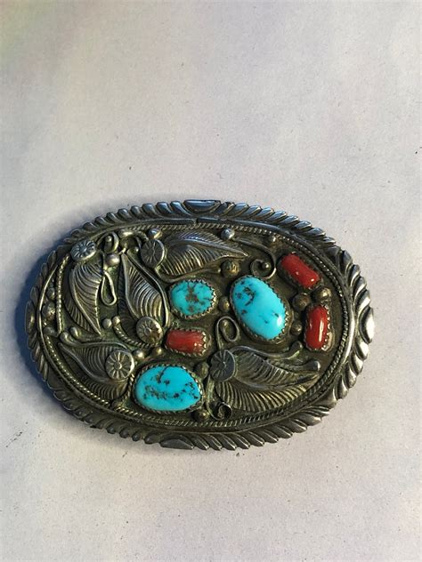 Vintage Native American Turquoise And Coral Indian Belt Buckle Etsy