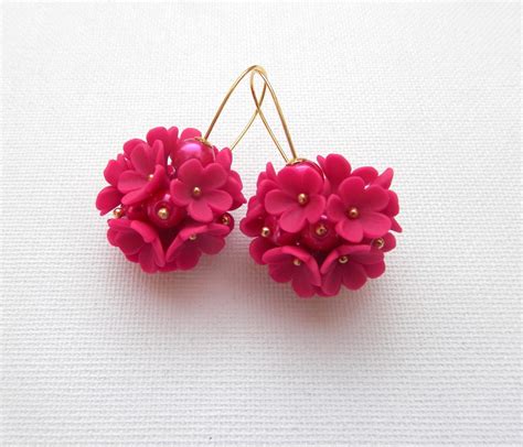 Hot Pink Flower Earrings Dangle Earrings Bridal Earrings