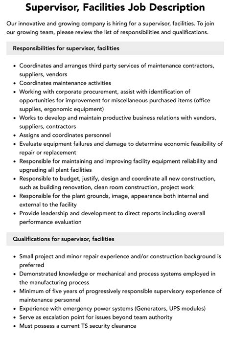 Supervisor Facilities Job Description Velvet Jobs