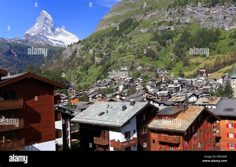 Zermatt Famous Ski And Hiking Resort With Chalets And Matterhorn On The