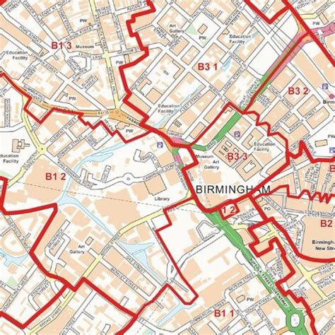 Birmingham City Centre Postcode Sectors Wall Map C4 Map