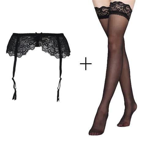 women lace garters floral sexy garter belt with black stocking set for female lady clothing