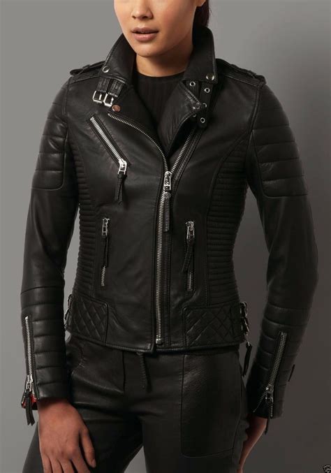 Womens Genuine Lambskin Leather Motorcycle Slim Fit Biker Jacket