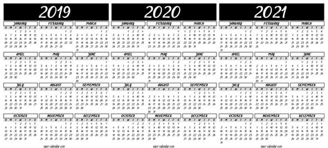 3 Year Calendar 2019 2020 2021 Printable