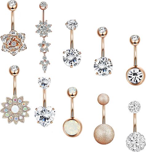 Smctcred Belly Bars16pcs 316l Surgical Steel Cz Belly Bars With Dangle Cubic Zirconia Curved