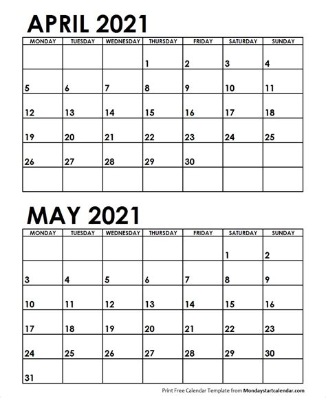 Keep organized with printable calendar templates for any occasion. Apr May 2021 Calendar Monday Start | Editable Two Months ...