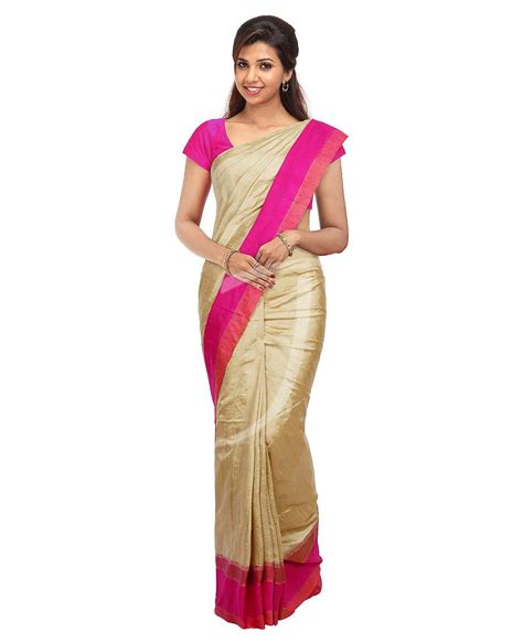 Buy Golden Colour Jute Silk Saree With Two Differently Designed Borders