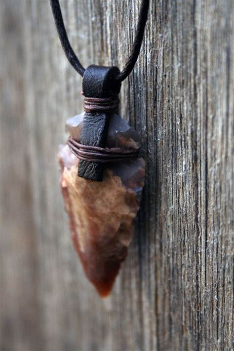 Native American Arrowhead Pendant Necklace Carved Stone Leather Binded