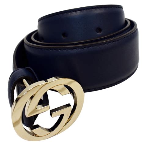 Gucci Interlocking G Leather Belt Navy Blue Size 9036