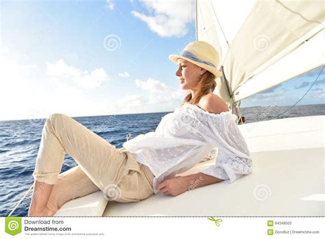 Woman Relaxing On Sailing Boat In The Sun Stock Image Image Of
