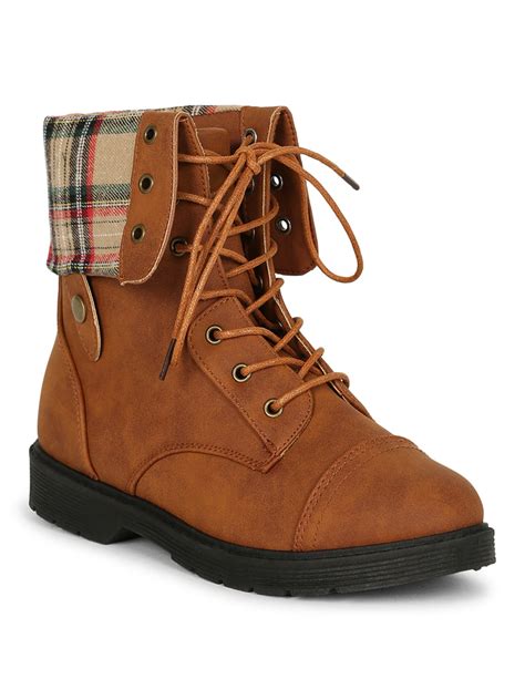 Women Leatherette Ankle Plaid Fold Over Cuff Stack Heel Combat Boot