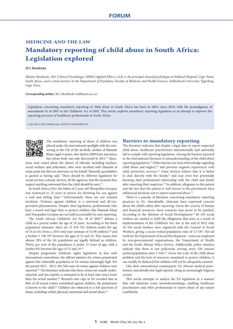 Child abuse and neglect is not merely a family matter, and the consequences of staying silent can be devastating for the child. (PDF) Mandatory reporting of child abuse in South Africa ...