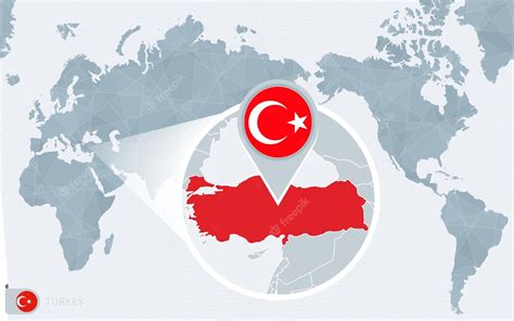 Mapa świata Wyśrodkowanego Na Pacyfiku Z Powiększoną Turcją Flaga I
