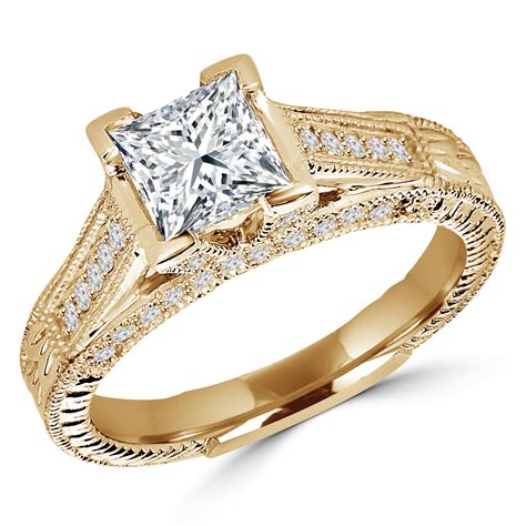 Princess Cut Diamond Vintage Multi Stone V Prong Engagement Ring With Round Diamond Accents In
