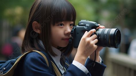 Asian Girl Holding A Large Camera While Taking A Photo Background
