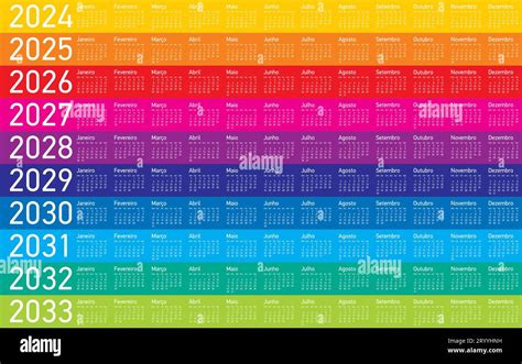 Colorful Calendar For Years 2024 2025 2026 2027 2028 2029 2030