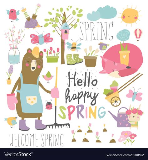 Set Cartoon Animals And Spring Elements Royalty Free Vector