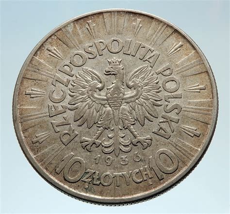 1936 Poland Silver With Jozef Pilsudski Antique Silver 10 Zlotych Coin