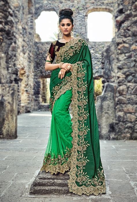Green And Maroon Embroidered Saree Saree Designs Satin Saree Party Wear Sarees