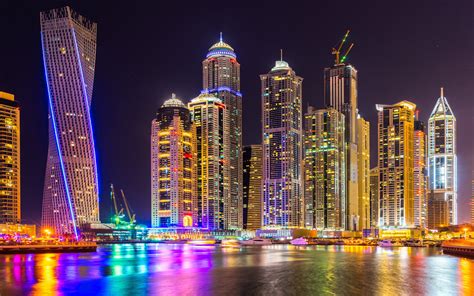 Dubai City Of Skyscrapers Tall Buildings Night Light Desktop