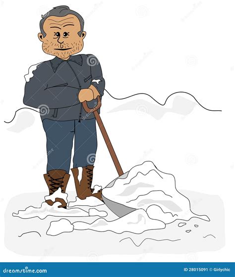 Man Shoveling Snow With A Big Spade In The Winter Cartoon Vector