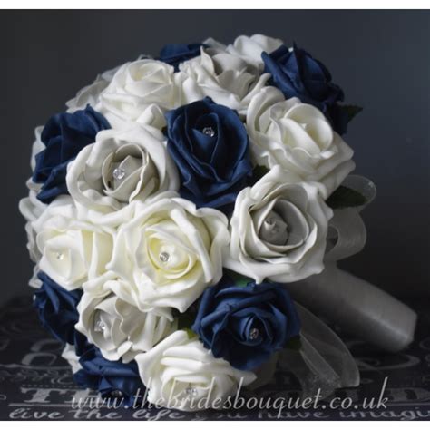 Navy Blue And Silver Grey Themed Wedding Bouquets Of Artificial Roses