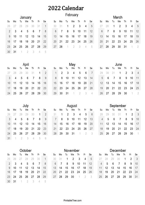 2022 Yearly Calendar Printable One Page