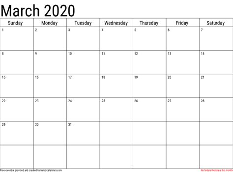 March 2020 Calendar With Holidays Handy Calendars