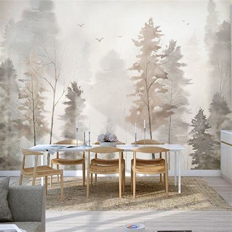 Abstract Ink Hand Painted Pines Forest Scenic Wallpaper Wall Etsy 3d
