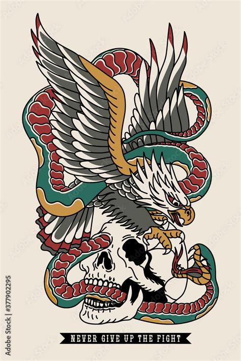 Eagle Fighting With Snake On A Skull Traditional Tattoo Style