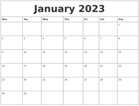 Blank January 2023 Calendar Printable Pdf