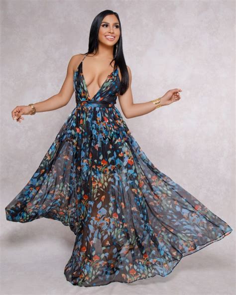 New Trendy Cute Maxi Dress Sexy Floral Print Deep V Neck Gowns Gotita Brands