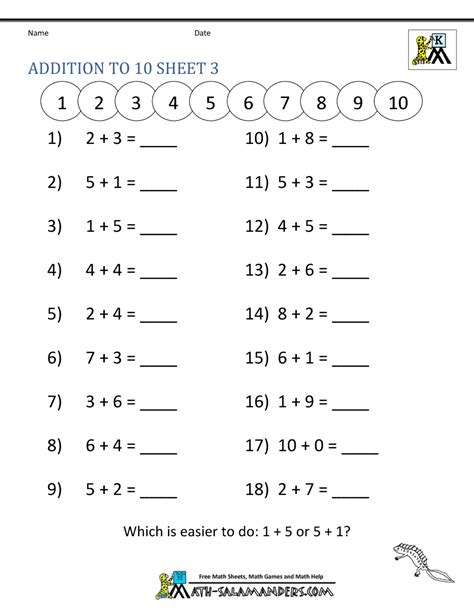 Free Math Worksheets Kindergarten 1 10