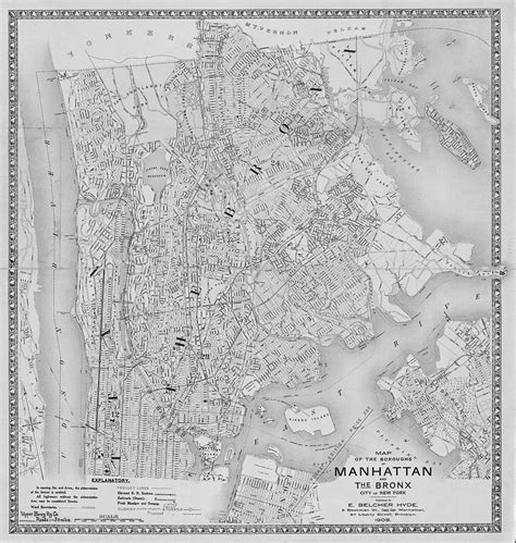 1908 Historical Map Of Manhattan And The Bronx In Black And White