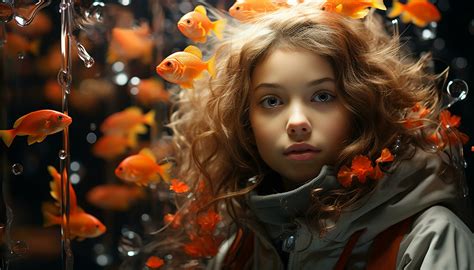 Cute Blond Girl Smiling Playing With Goldfish Underwater Generated By